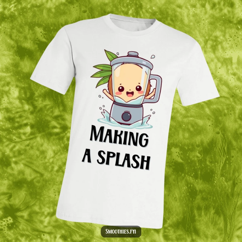 Funny playful coconut character gleefully splashing into a blender, showcasing vibrant tropical energy on this t-shirt.