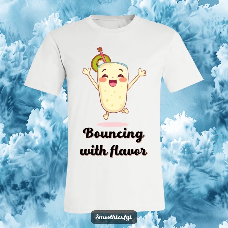 Funny t-shirt with an excited kiwi smoothie character jumping with glee, embodying vibrant energy and cheerful movement for comfortable wear.