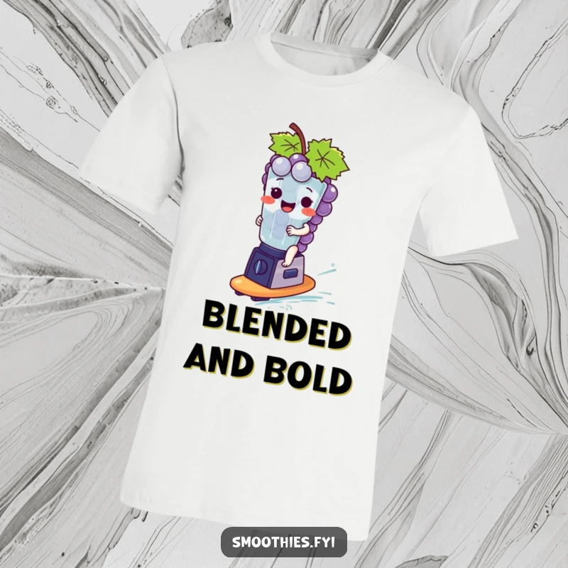 Funny giggling grape bunch character riding a tiny blender as if it were a surfboard, embodying pure joy on this t-shirt.