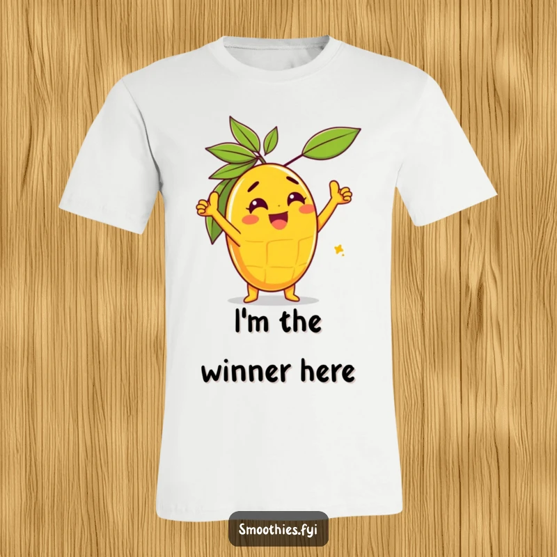 Funny gleeful mango character performing a triumphant pose on a t-shirt, exuding confidence and humor.