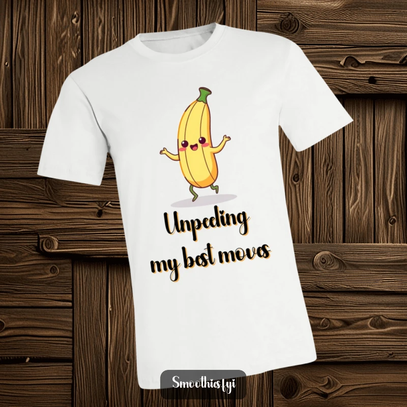Funny Kawaii Banana Peel T-Shirt featuring a character dancing with wobbly legs, spreading laughter and playful vibes.