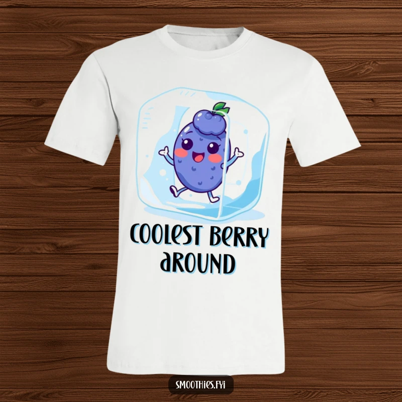 Funny Kawaii Blueberry T-Shirt showing a character hopping in an ice cube. Cool, fun, and humorous apparel.