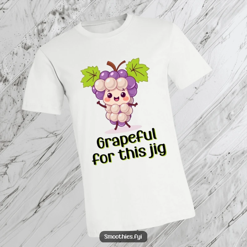Funny kawaii grape bunch t-shirt, depicted mid-dance with a cheerful expression, showcasing fruity fun.