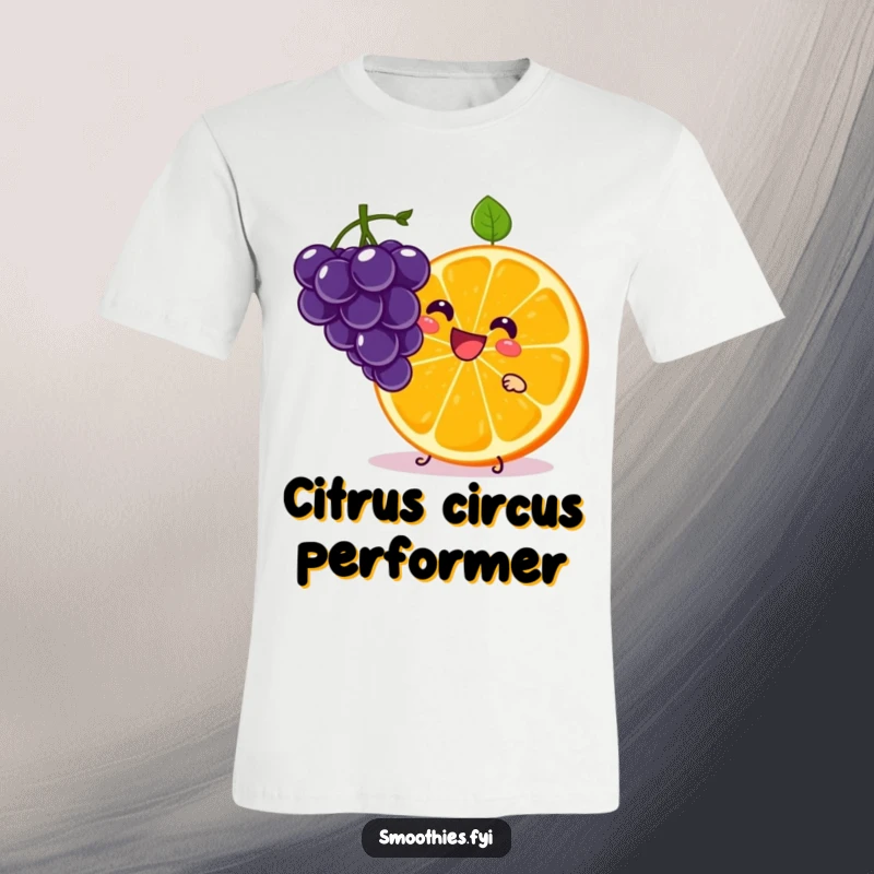 Funny Kawaii Orange Slice T-Shirt featuring a character juggling grapes with a grin. Fun and zesty apparel.