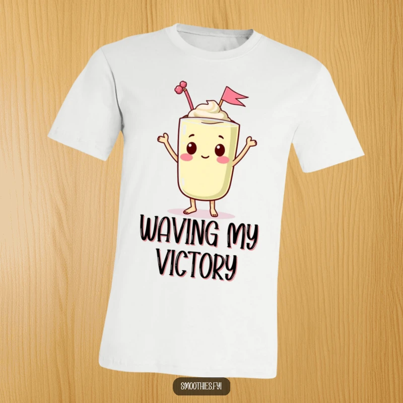Funny t-shirt with a dancing kawaii smoothie character waving a tiny flag, exuding humorous energy and festive celebration.