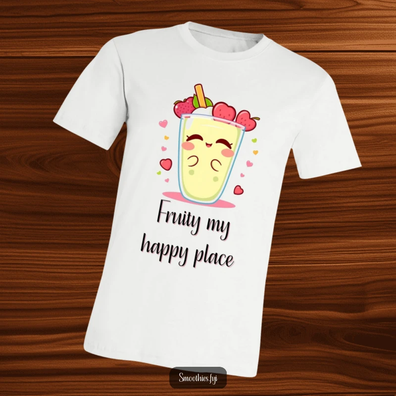Funny Kawaii smoothie t-shirt, character in motion doing a delightful fruity spin, joyful and energetic design.