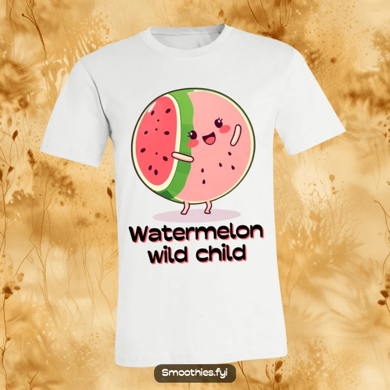 Funny kawaii watermelon slice t-shirt, depicted mid-cartwheel with a happy expression, a fun fruit acrobat.