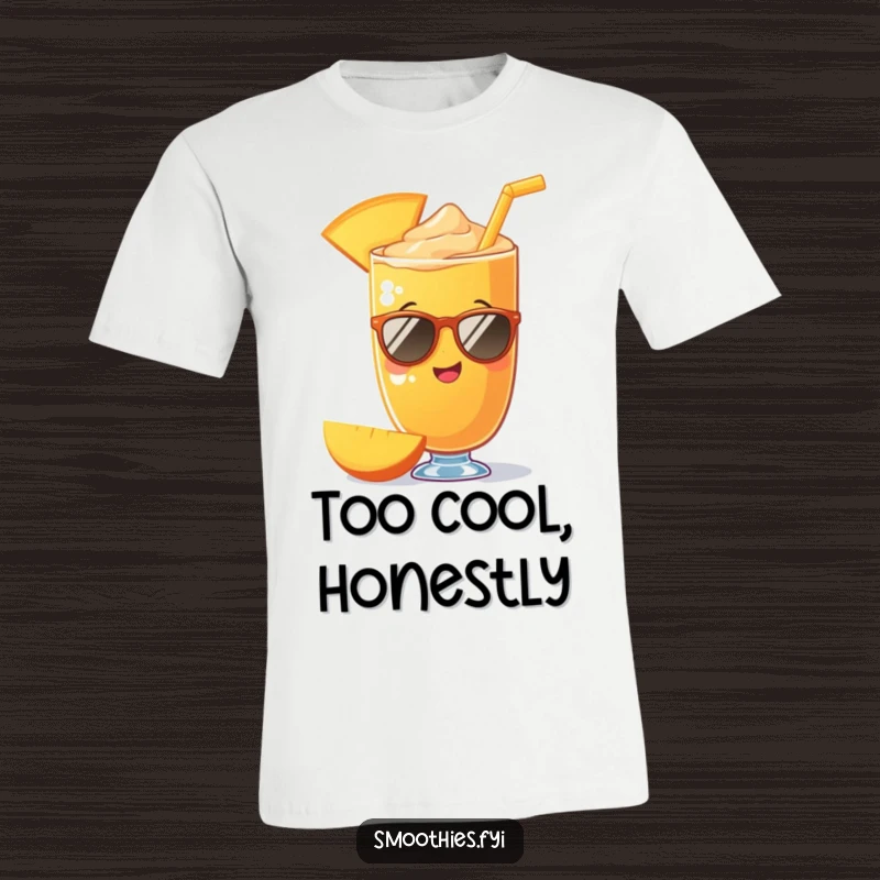 Funny mango smoothie wearing sunglasses depicted on a t-shirt, showcasing a cool and stylish character. A great funny gift.