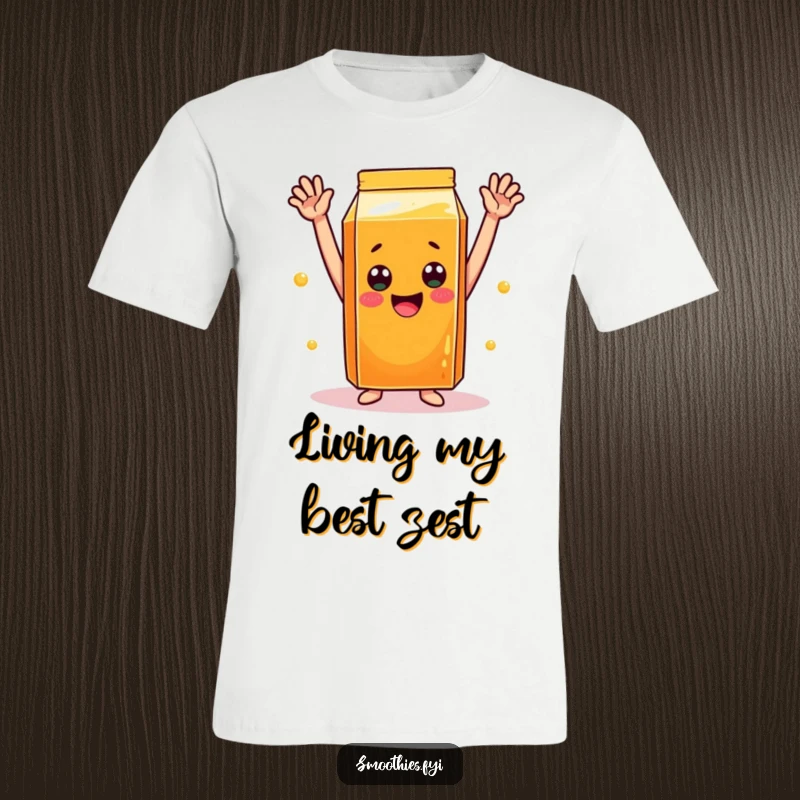Funny orange juice carton t-shirt featuring a cheerful carton with arms raised in celebration, perfect for spreading joy.