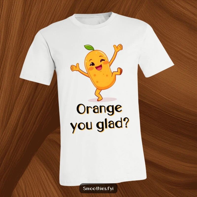 Funny t-shirt featuring a cheerful anthropomorphic orange smoothie performing cartwheels with a wink, embodying playful energy.