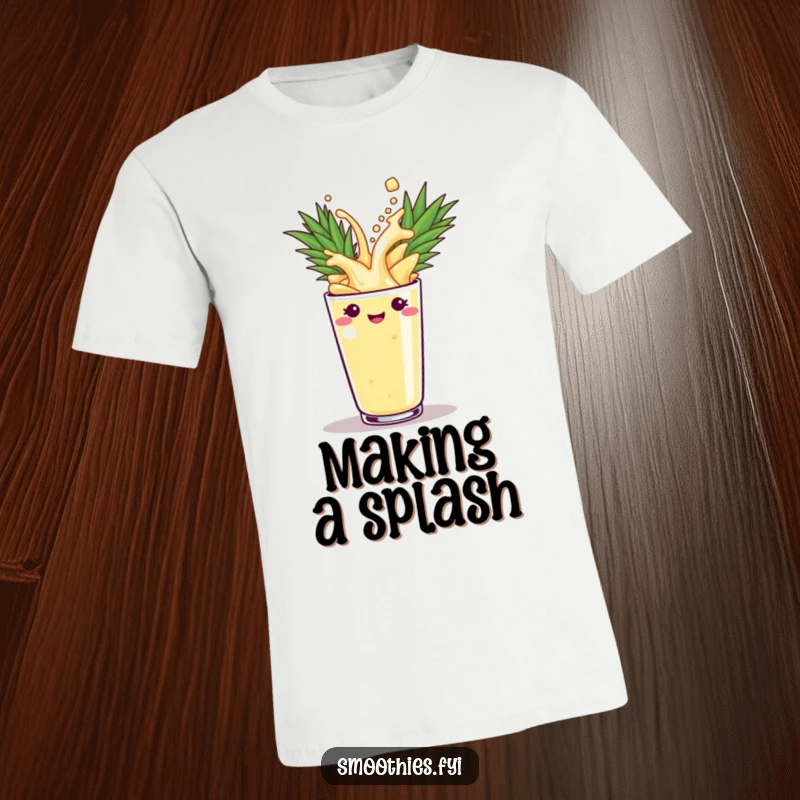 Funny pineapple smoothie depicted splashing joyfully into a cup on a t-shirt, showing vibrant energy. A great funny gift.