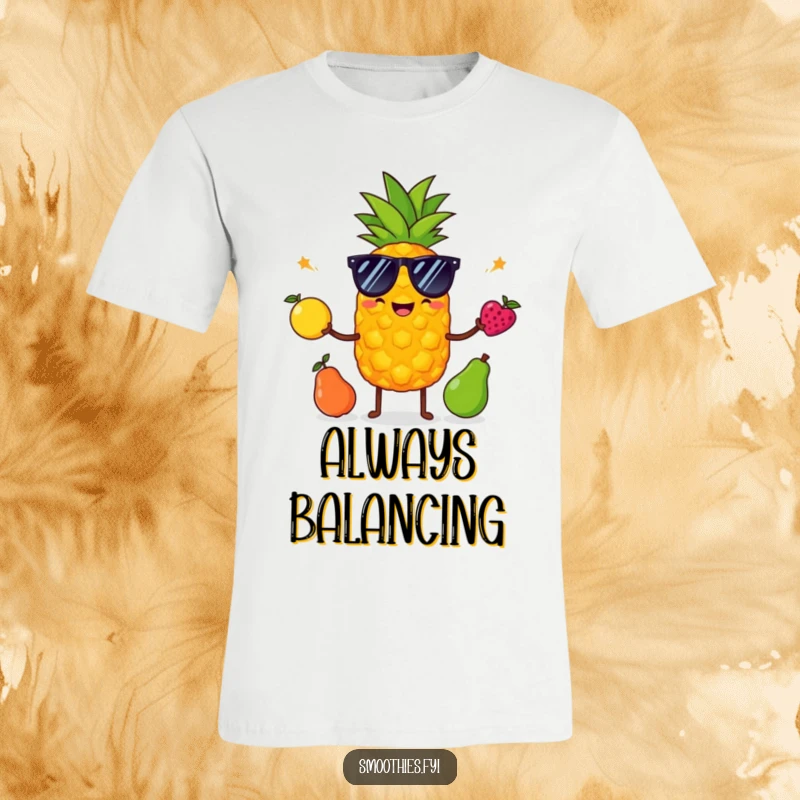Funny pineapple in sunglasses juggles fruits on a t-shirt, illustrating a fun, cool, and vibrant personality.