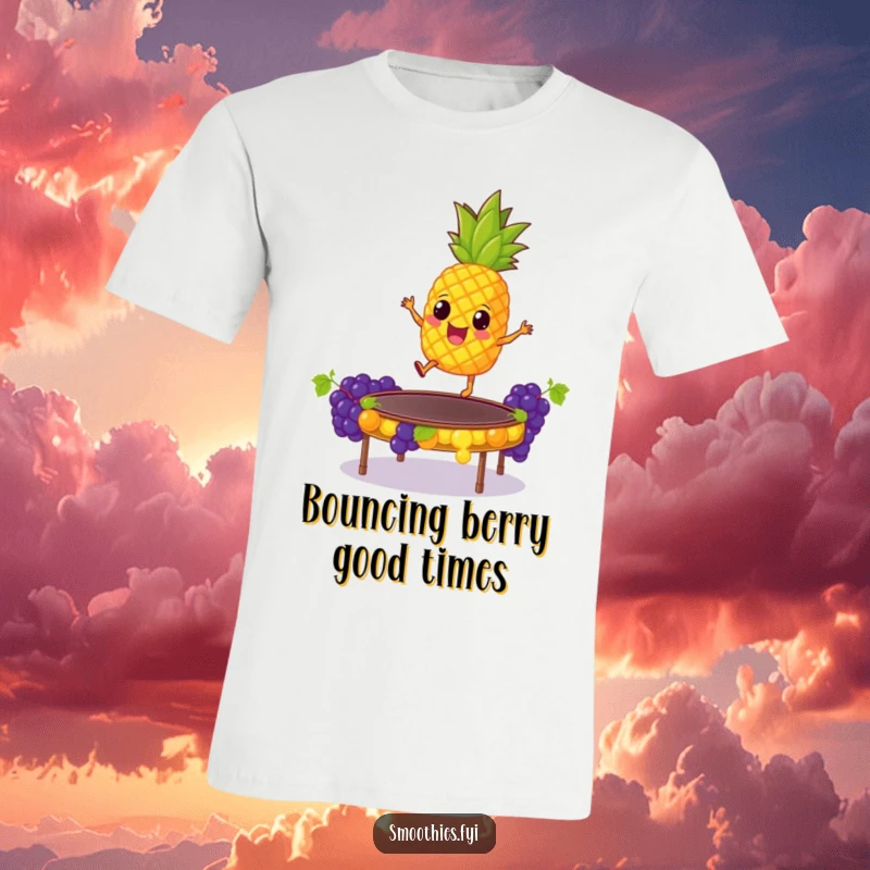 Funny T-Shirt: A gleeful pineapple executes an epic bounce on a trampoline constructed from vibrant grapes, showcasing hilarious, gravity-defying fruity antics.