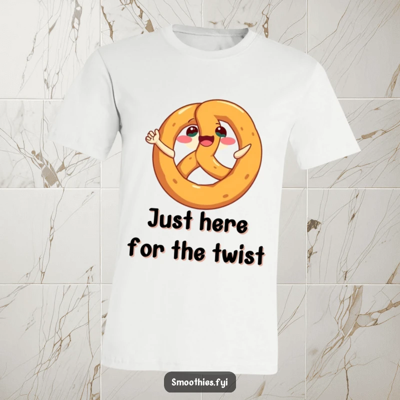Funny Pretzel T-Shirt with a happy, grinning pretzel character shown in a joyful, spinning motion.