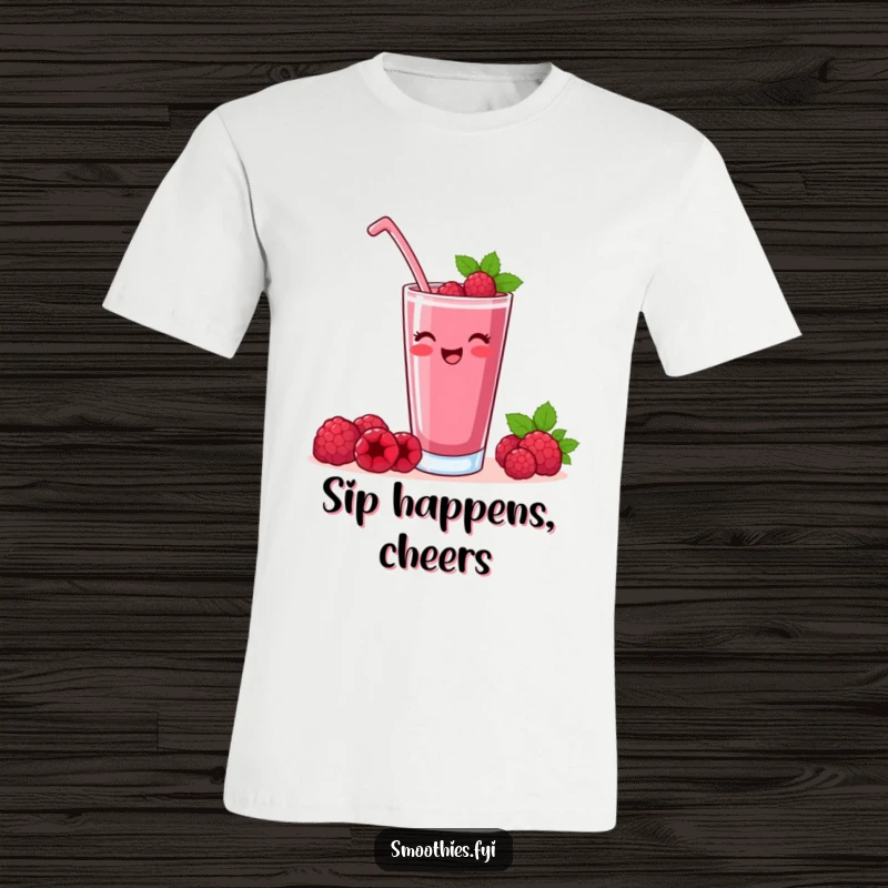 Funny raspberry smoothie t-shirt showing a contented character raising a glass, embodying pure satisfaction.