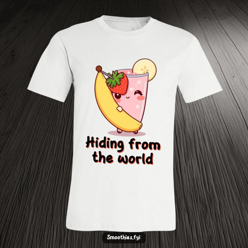 Funny shy smoothie t-shirt showing a strawberry smoothie peeking bashfully from behind a banana slice, conveying cute, understated humor.