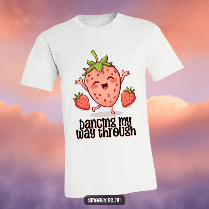 Funny t-shirt showcasing a joyful strawberry character performing a wacky, silly dance with energetic motion lines.
