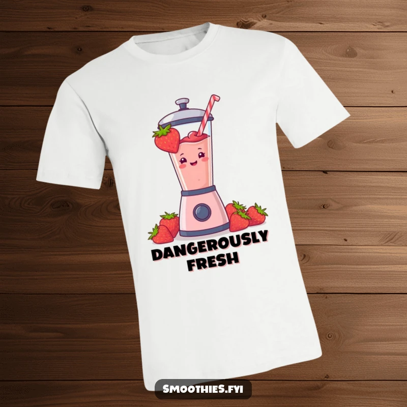 Funny strawberry smoothie exploding from a blender depicted on a t-shirt, illustrating a cheerful and energetic vibe. Ideal for a funny gift.