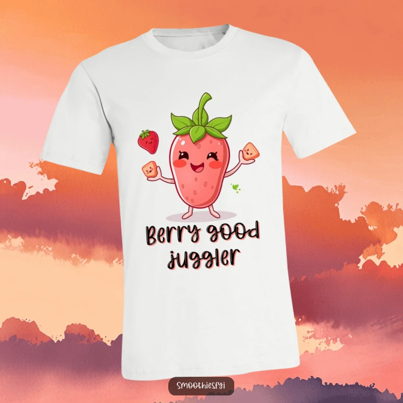 Funny t-shirt featuring a smiling anthropomorphic strawberry smoothie juggling smaller fruit pieces, exuding joy and playful skill.