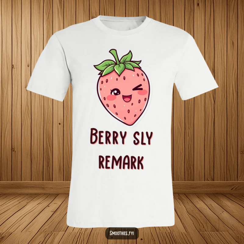 Funny t-shirt with a cheerful strawberry character giving a mischievous wink, designed for those who love cute and comical apparel.