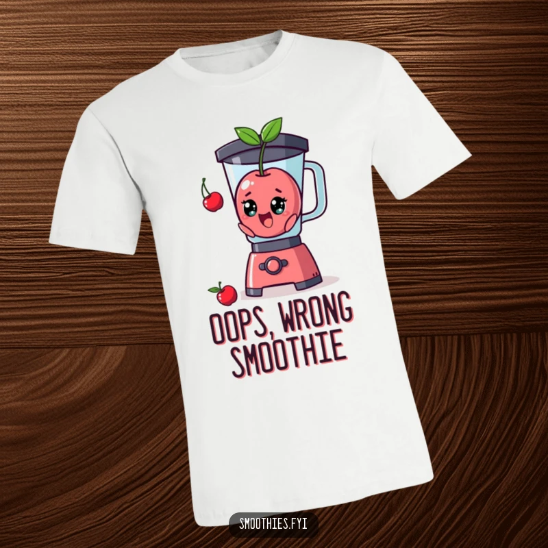 Funny surprised cherry character bursting out of a blender graphic on a t-shirt, perfect for humor enthusiasts.