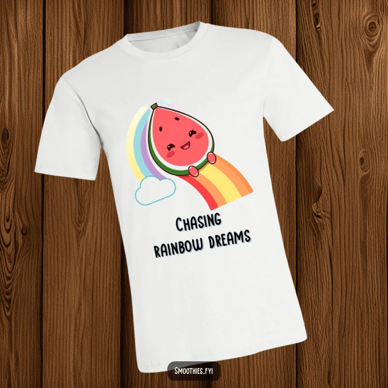 Funny grinning watermelon character t-shirt sliding down a rainbow, vibrant and humorous fruit apparel.