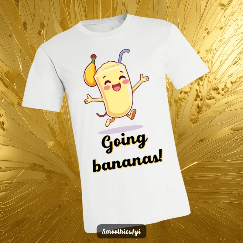 Funny t-shirt showing a happy anthropomorphic banana smoothie in a dynamic, joyful leap, capturing an exhilarating moment.