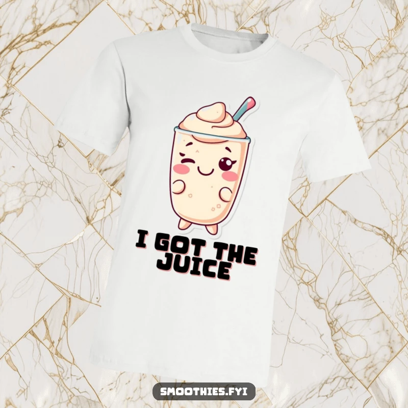 Funny Kawaii smoothie t-shirt, cheerful character giving a cheeky wink, conveying playful and friendly vibes.