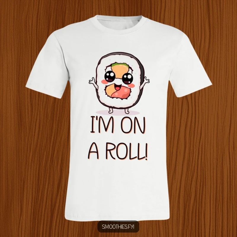 Funny sushi t-shirt featuring a sushi roll character with googly eyes doing a silly dance, perfect for food lovers.