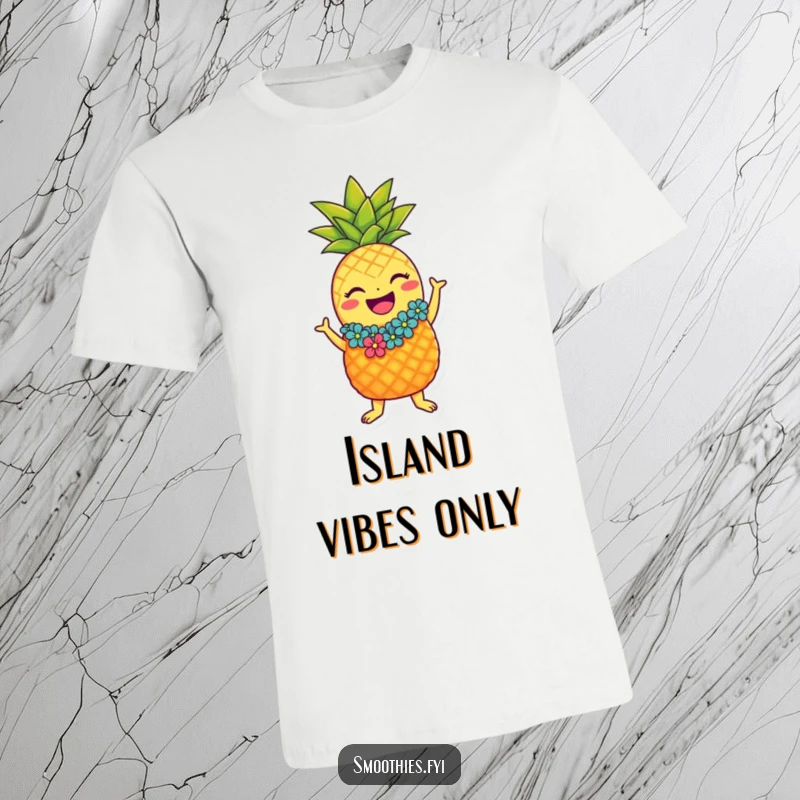 Funny laughing pineapple character t-shirt with lei doing the hula, vibrant and humorous tropical apparel.