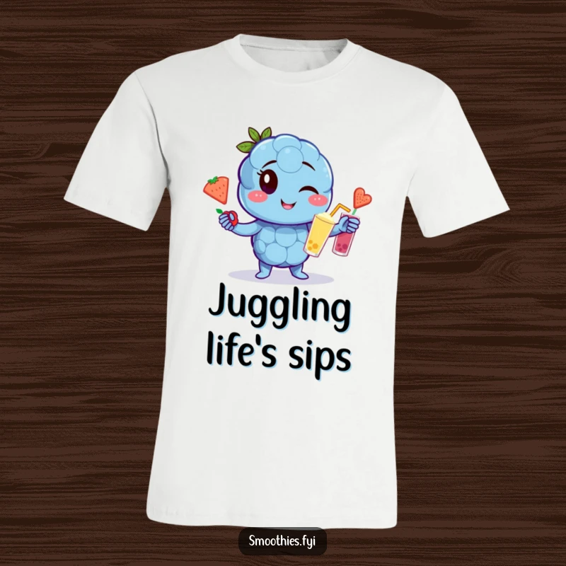 Funny winking blueberry character t-shirt juggling fruit smoothies, cool and humorous fruit apparel.