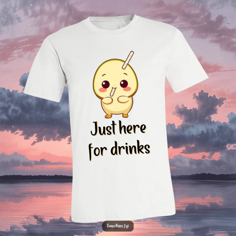 Funny playful kiwi with a straw ready to sip on a t-shirt, showcasing a relaxed and humorous personality.