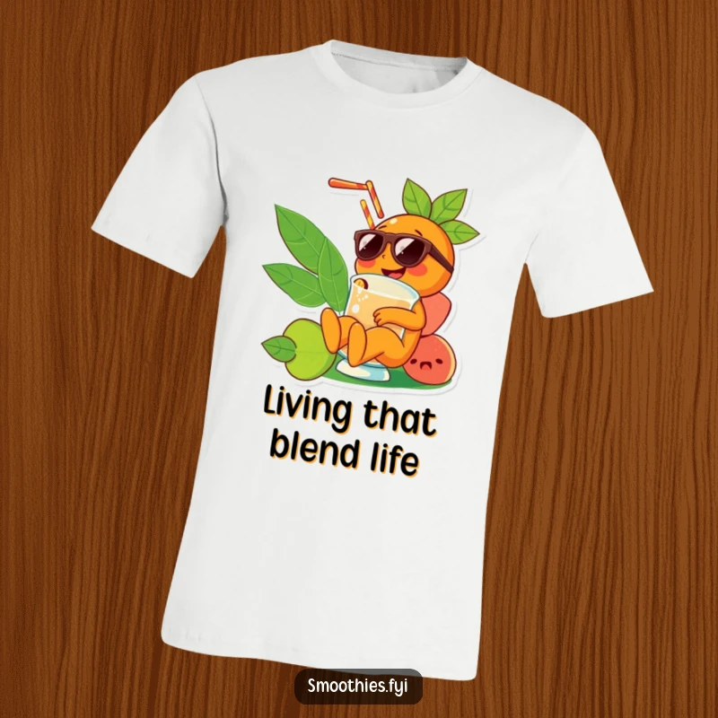 Funny orange character in sunglasses relaxing in a smoothie printed on a soft t-shirt, expressing pure chill and happiness.