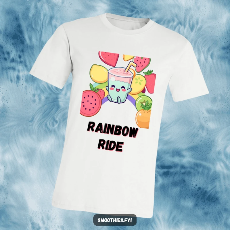 Funny T-Shirt: A laughing Kawaii smoothie character joyfully slides down a colorful rainbow of assorted fruits.