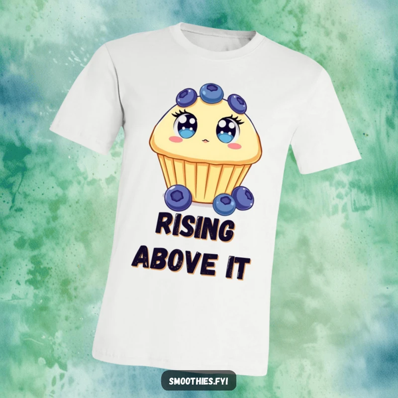 Funny Blueberry Muffin T-Shirt with a surprised muffin character, eyes wide, floating upwards in a comical way.