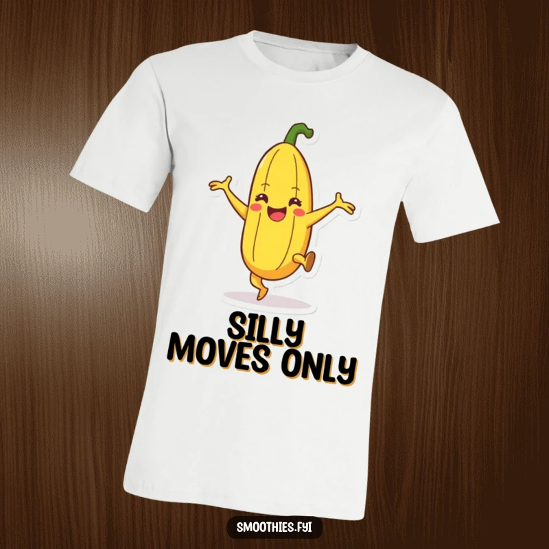 Funny happy banana character t-shirt doing a silly dance with leg kicks, fun and humorous fruit apparel.