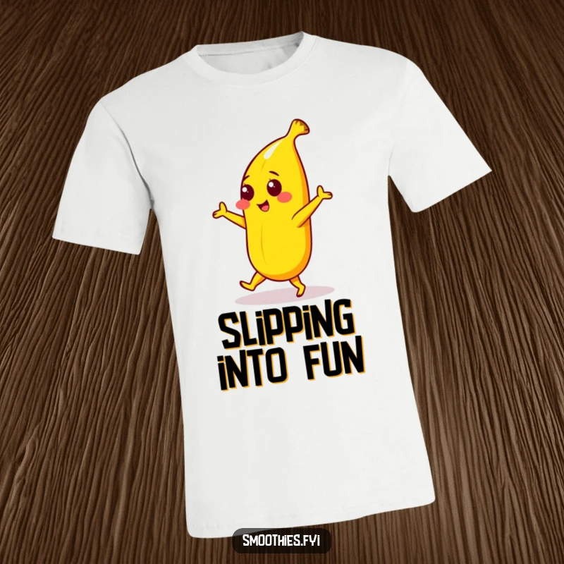 Funny t-shirt depicting a yellow banana character in a playful dance pose, designed for those who love to have fun and express themselves.