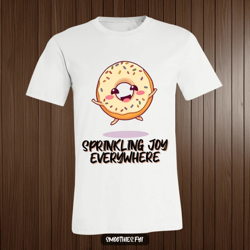 Funny donut t-shirt featuring a giggling donut with sprinkles doing a playful jump, perfect for spreading sweet joy.