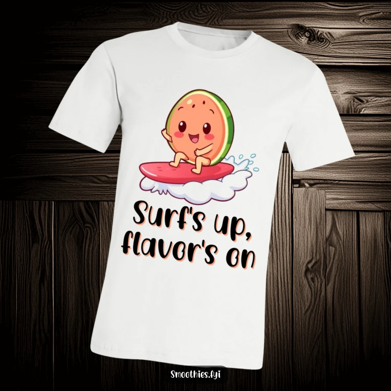 Funny t-shirt depicting a cheerful watermelon slice surfing on a jelly wave, radiating cool summer vibes and playful energy.