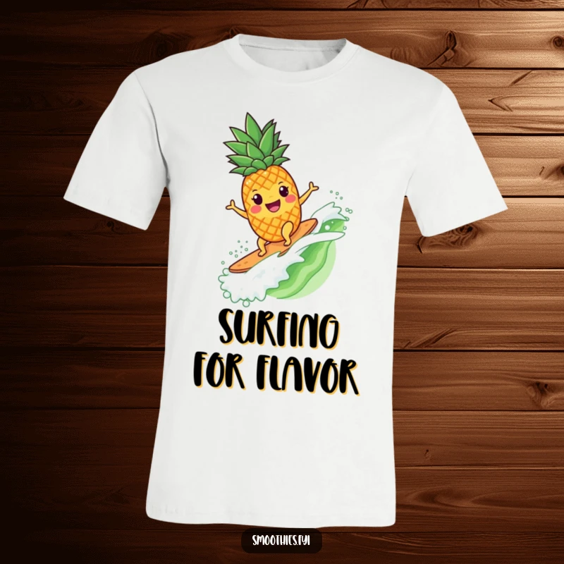 Funny pineapple character masterfully surfing a wave made of smoothie on a cool graphic t-shirt.