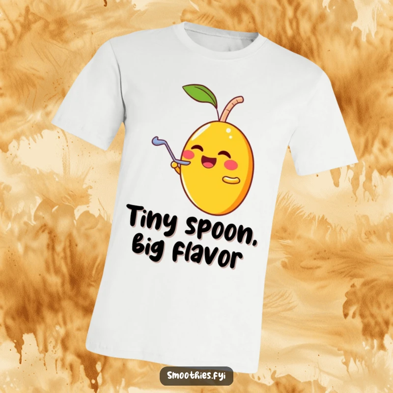 Funny laughing mango character sharing a smoothie using a tiny spoon on a comfortable t-shirt.