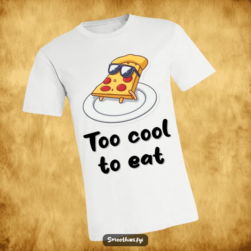 Funny pizza slice with sunglasses performing a cool slide across a plate, a humorous and trendy t-shirt.