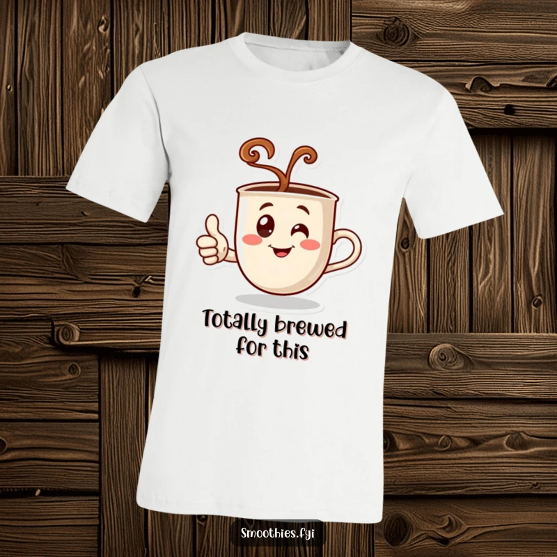 Funny t-shirt depicting a steaming coffee cup character giving a hearty thumbs up, perfect for coffee lovers who appreciate good brews.