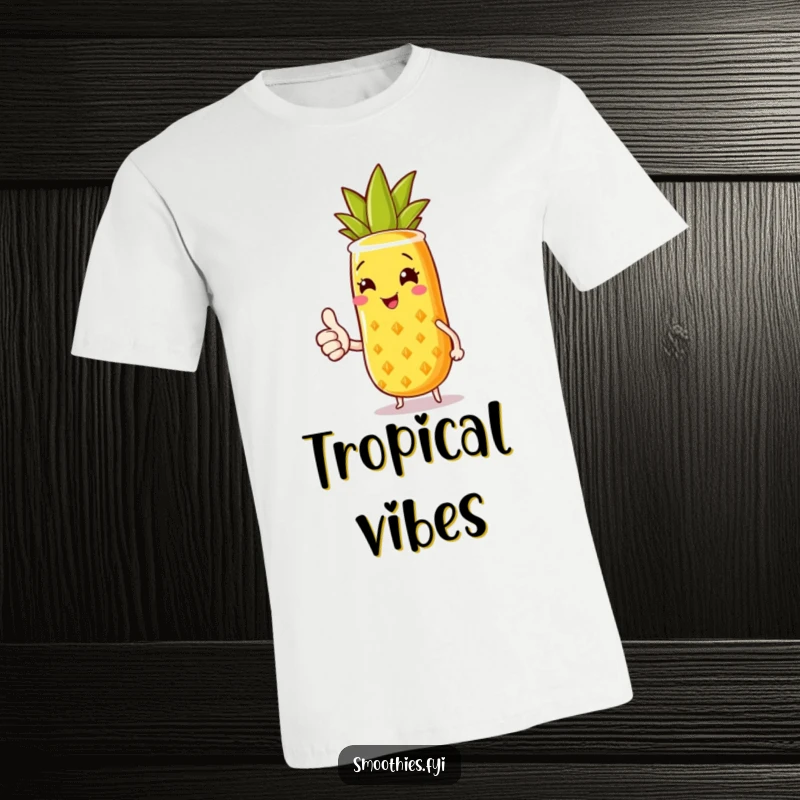 Funny t-shirt with a joyful pineapple smoothie character smiling and giving a thumbs up, embodying tropical happiness and good vibes.