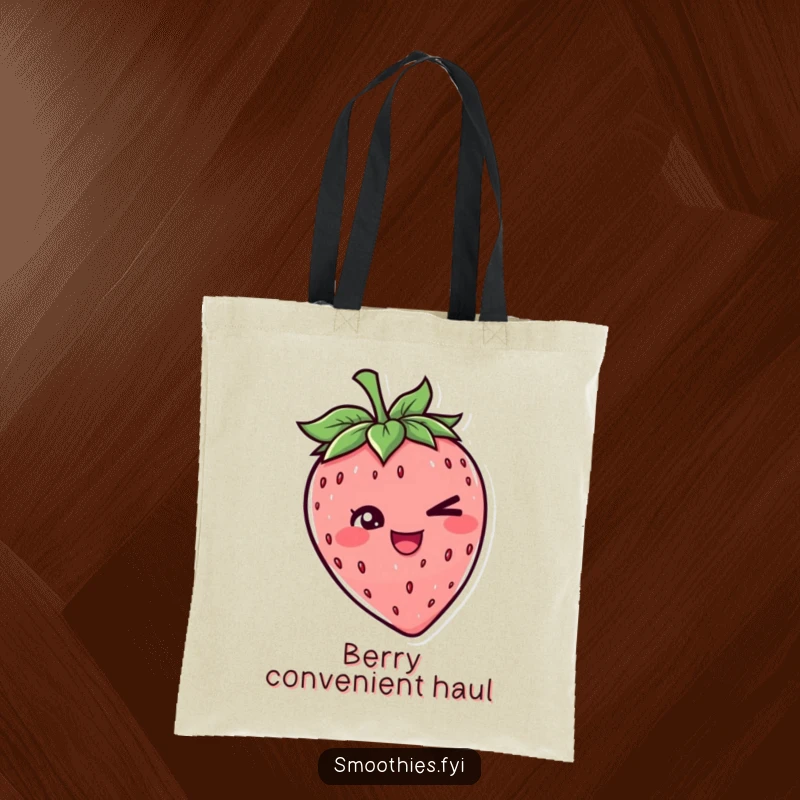 Funny tote bag featuring a cheerful strawberry character giving a sly wink, perfect for carrying groceries or smiles with style.
