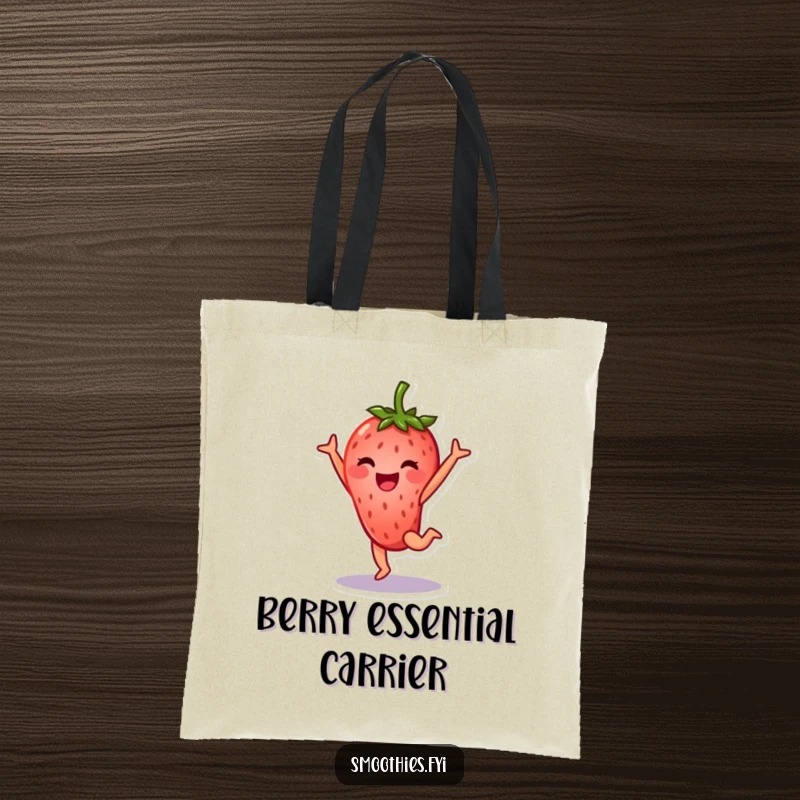 Funny strawberry character tote bag mid-cartwheel with a cheerful smile, vibrant and practical fruit accessory.