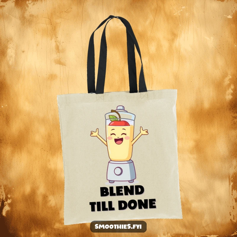 Funny apple smoothie character mid-jump in a blender, a durable and amusing tote bag for everyday use.