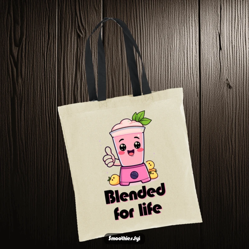 Funny Tote Bag: A happy Kawaii smoothie character gives a thumbs up from a blender, ready for errands.