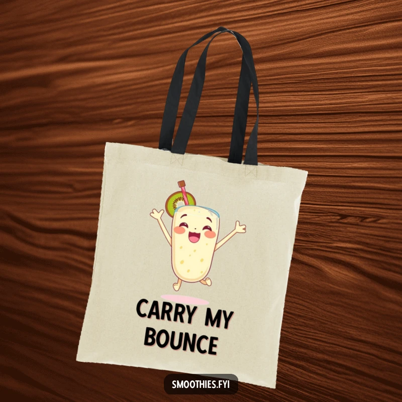 Funny tote bag with an excited kiwi smoothie character jumping with glee, perfect for carrying essentials with a touch of energetic flair.
