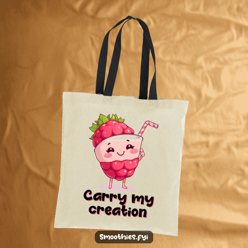 Funny proud raspberry holding a frothy smoothie on a tote bag, ideal for carrying essentials with a healthy and humorous flair.